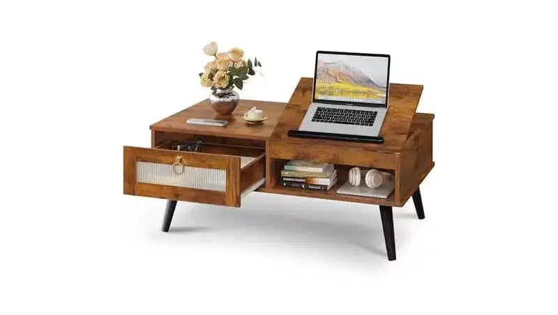 DEXYLLO Coffee Table, Lift Top Coffee Table with Storage Shelf, Drawer, Height Adjustable and Tilting Tabletop for Living Room
