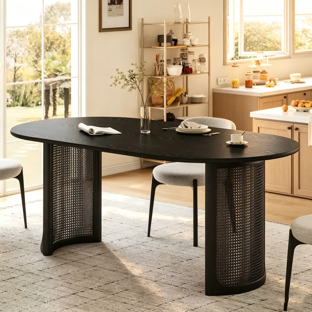 Table de salle à manger pour 6 personnes avec piètement en rotin, idéale pour cuisine ou salle à manger