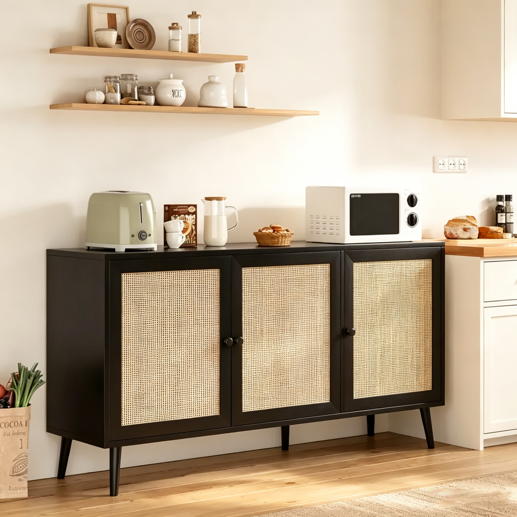 Buffet bas, meuble de rangement avec 3 portes décorées en rotin, armoire de rangement
