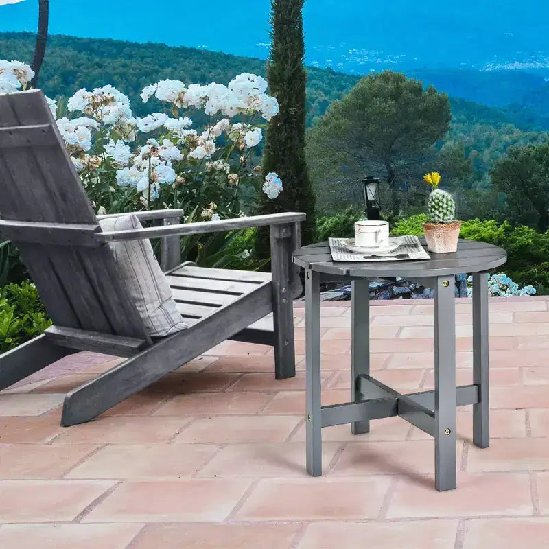 Costway 18'' Patio Round Side End Coffee Table Wooden Slat Garden Deck
